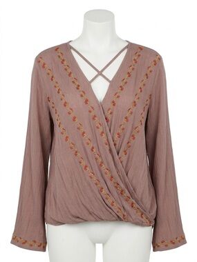 Easel Mauve Embroidered Floral Wrap Boho Blouse Caged Surplice Long Sleeve Large